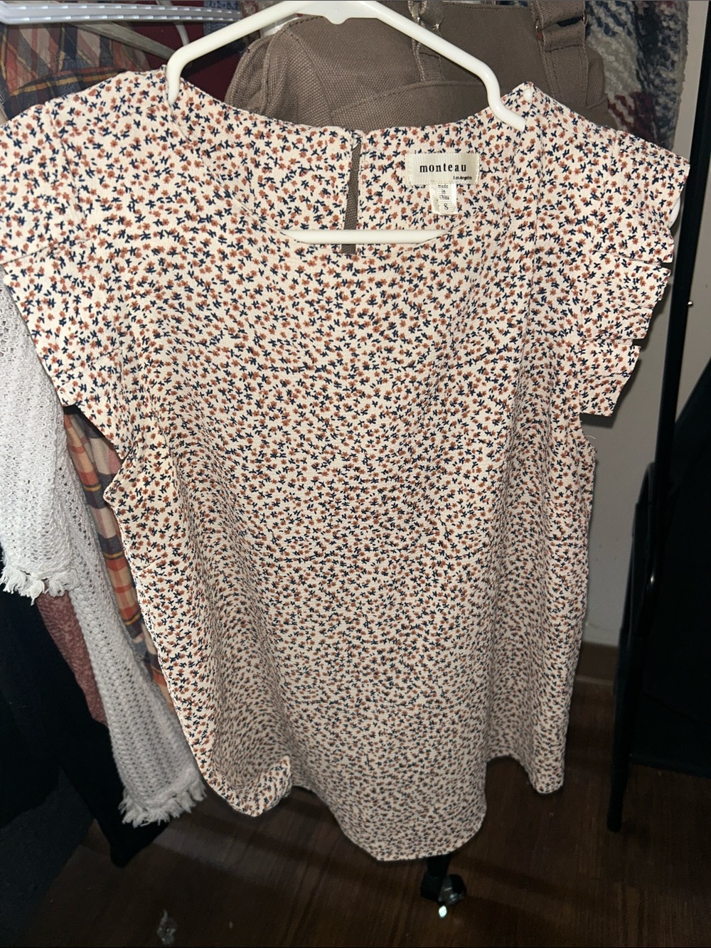 Monteau Cream Floral Cap Sleeve Top with Navy & Rust Print
